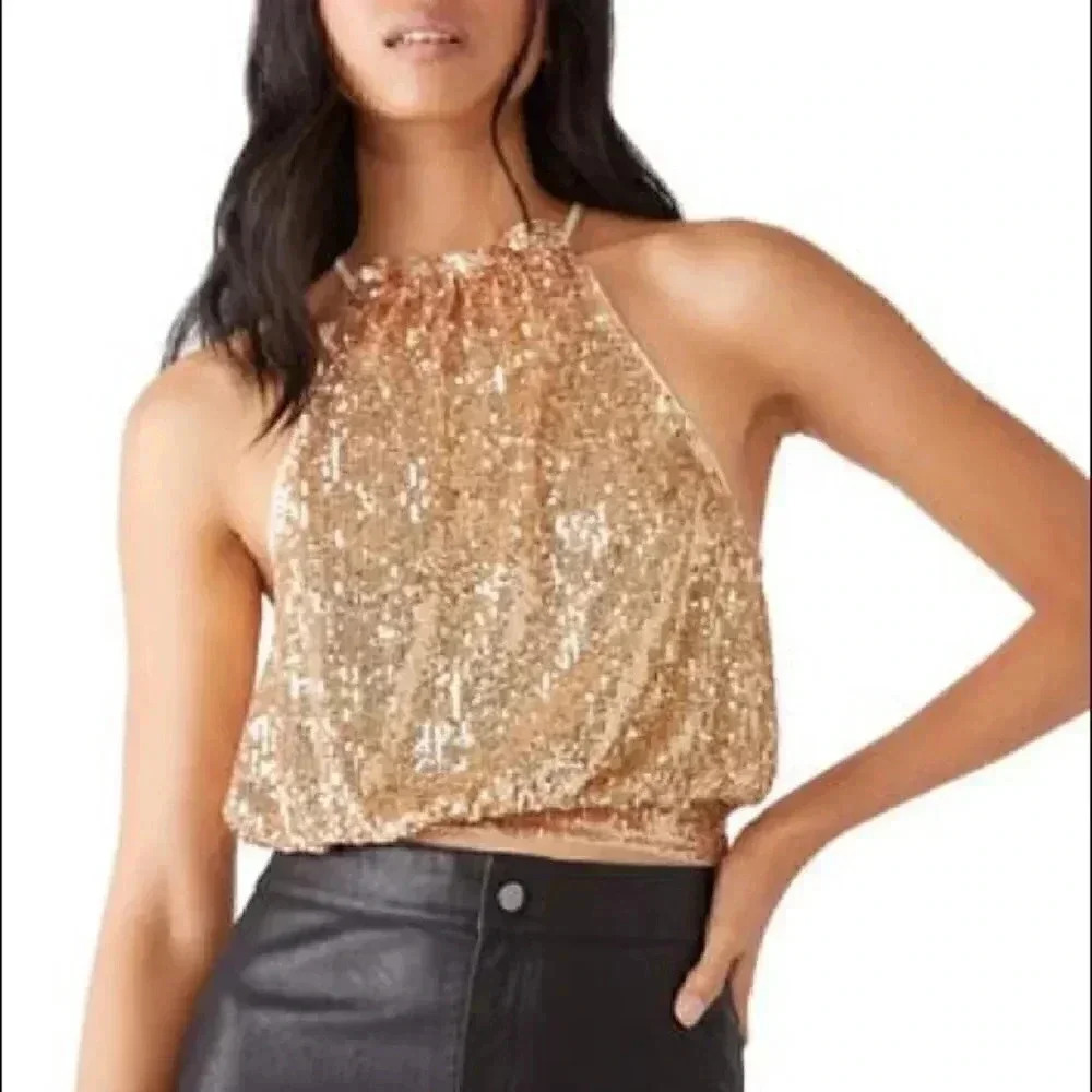 Free People Lights Out Gold Sequin Halter Top